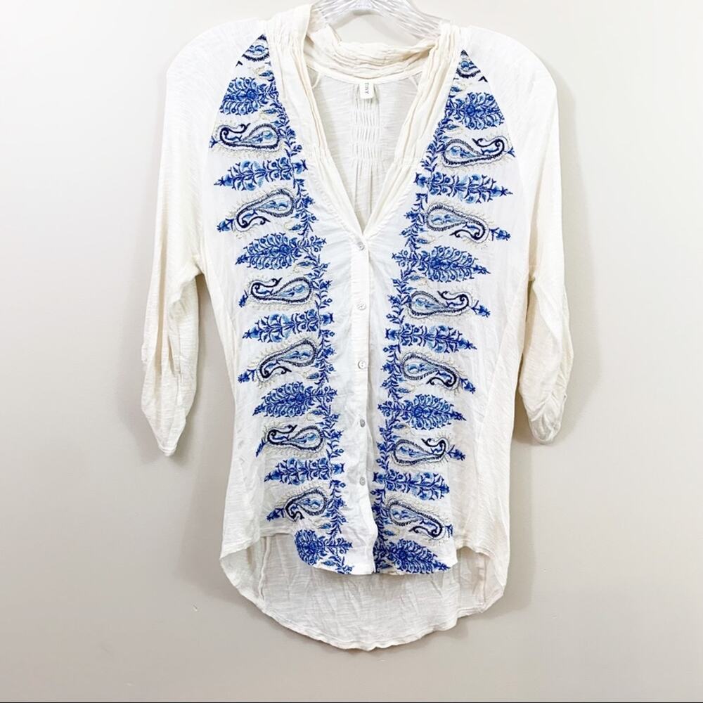 Anthropologie Tiny Paisley Embroidered Cream Top
